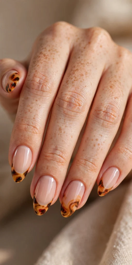 Close-up of almond nails with tortoiseshell-pattern French tips in amber, caramel and burnt orange