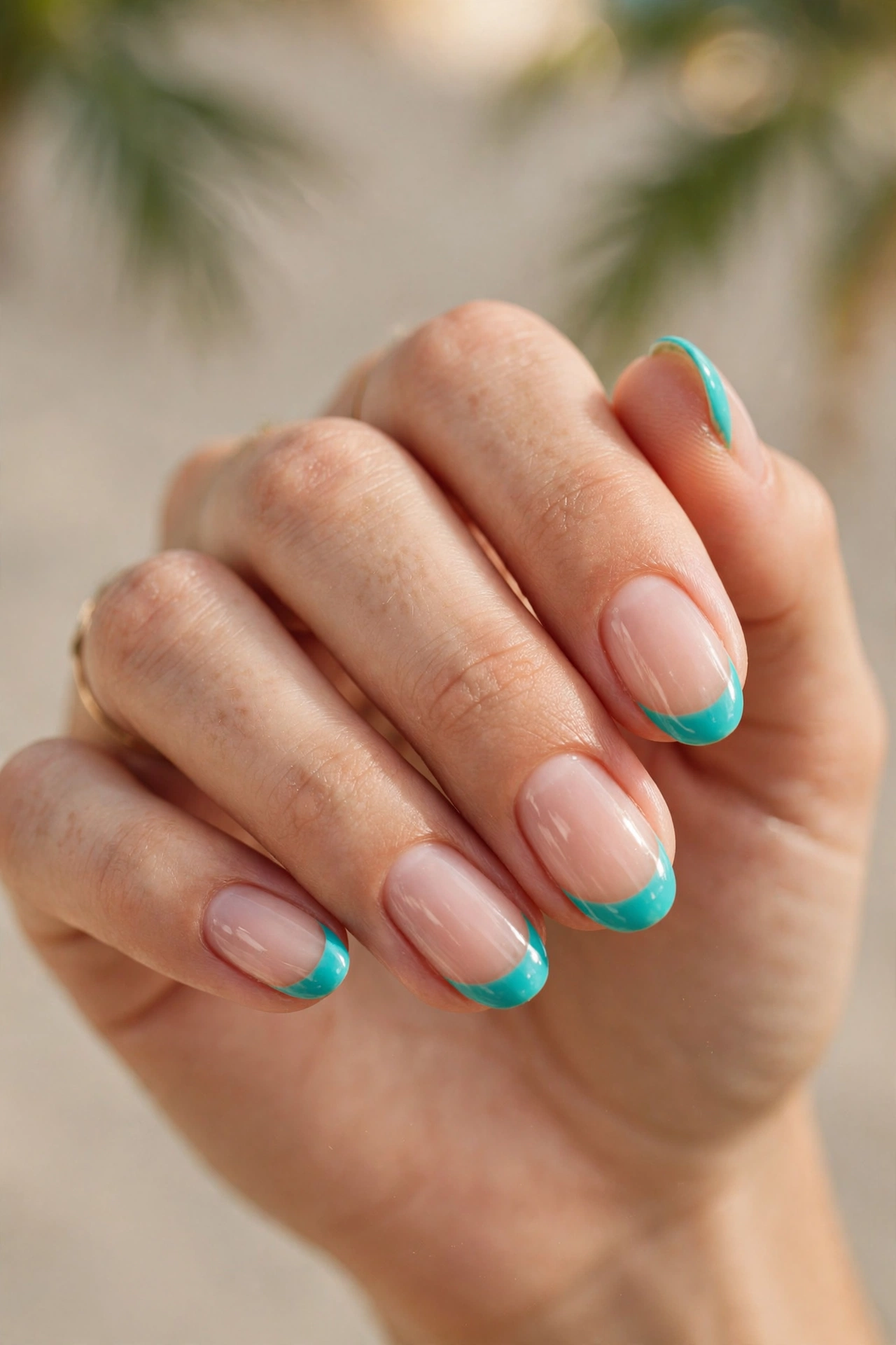 Close-up of oval nails with bright turquoise French tips.