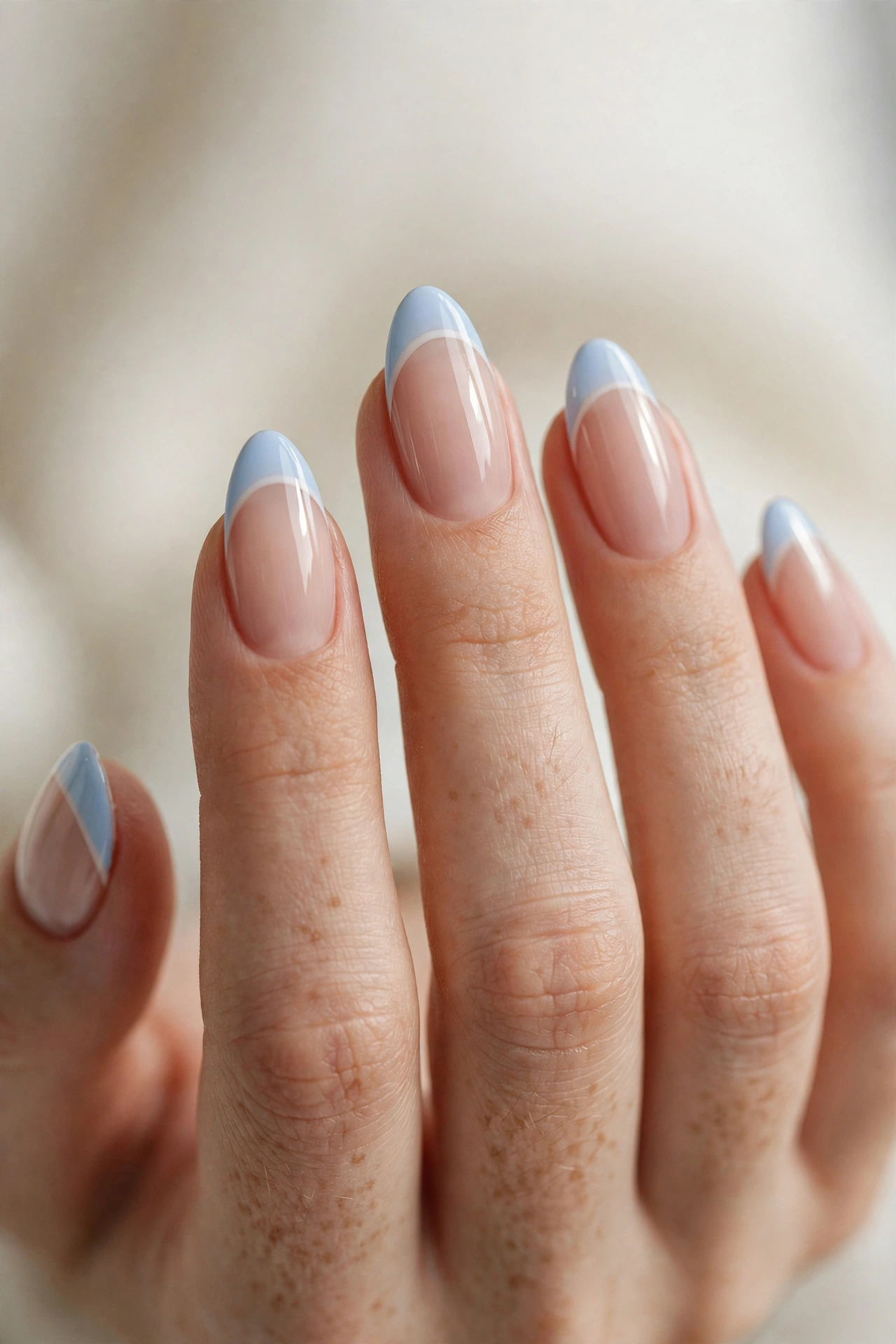 Almond nails with two-tone French tips pairing a baby blue band above a thin white line.