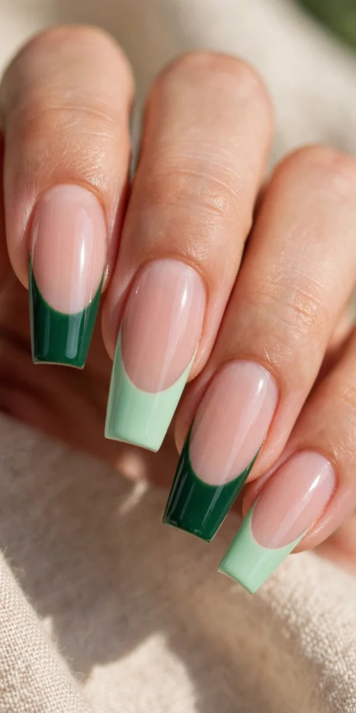 Coffin nails with two-tone French tips alternating mint green and deep forest green.
