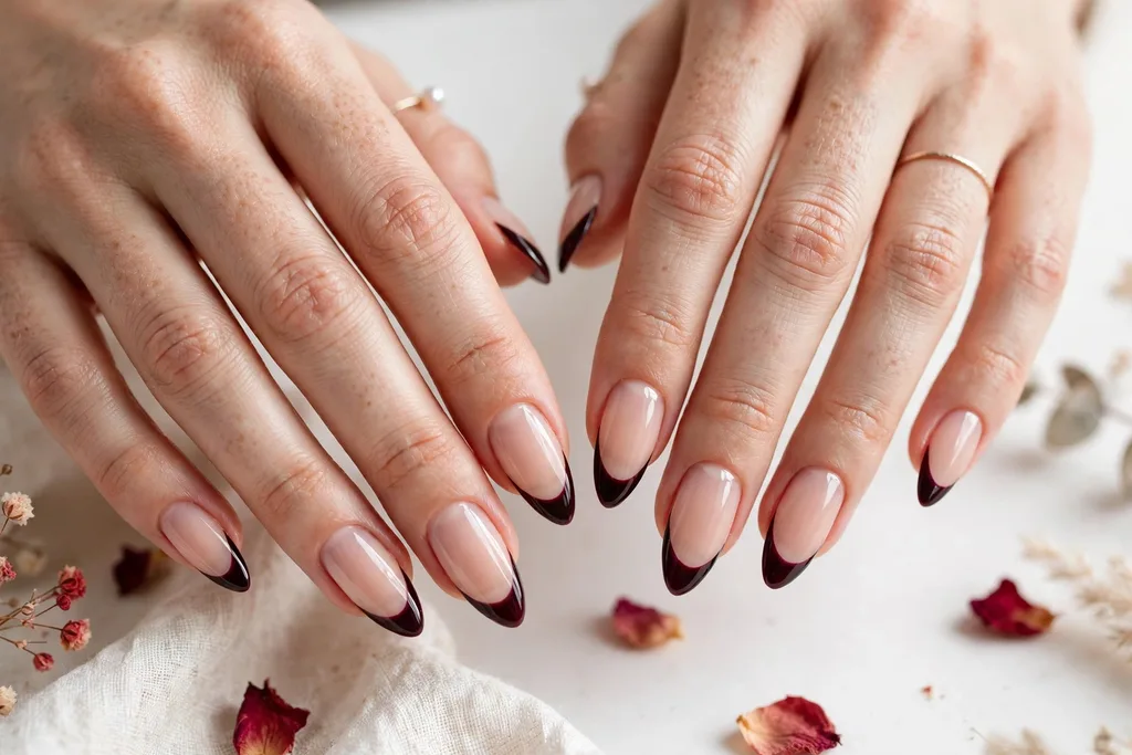 Valentine date night French tip nails with black cherry tips in a very deep red-purple on a sheer nude base, shown on long almond nails.