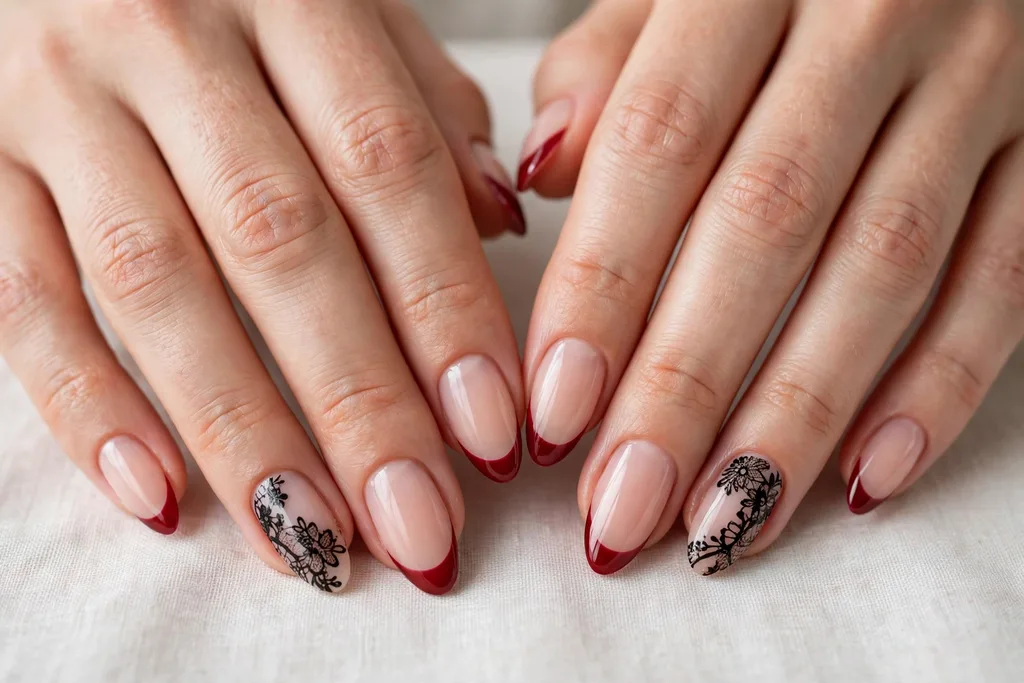 Valentine date night French tip nails with deep red tips and one black lace pattern accent nail on each hand, shown on medium almond nails with a sheer nude base.