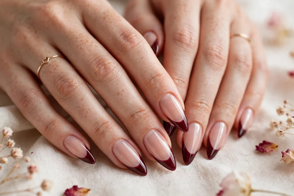 Valentine date night French tip nails with burgundy wine glossy tips on a sheer nude base, shown on long almond nails.