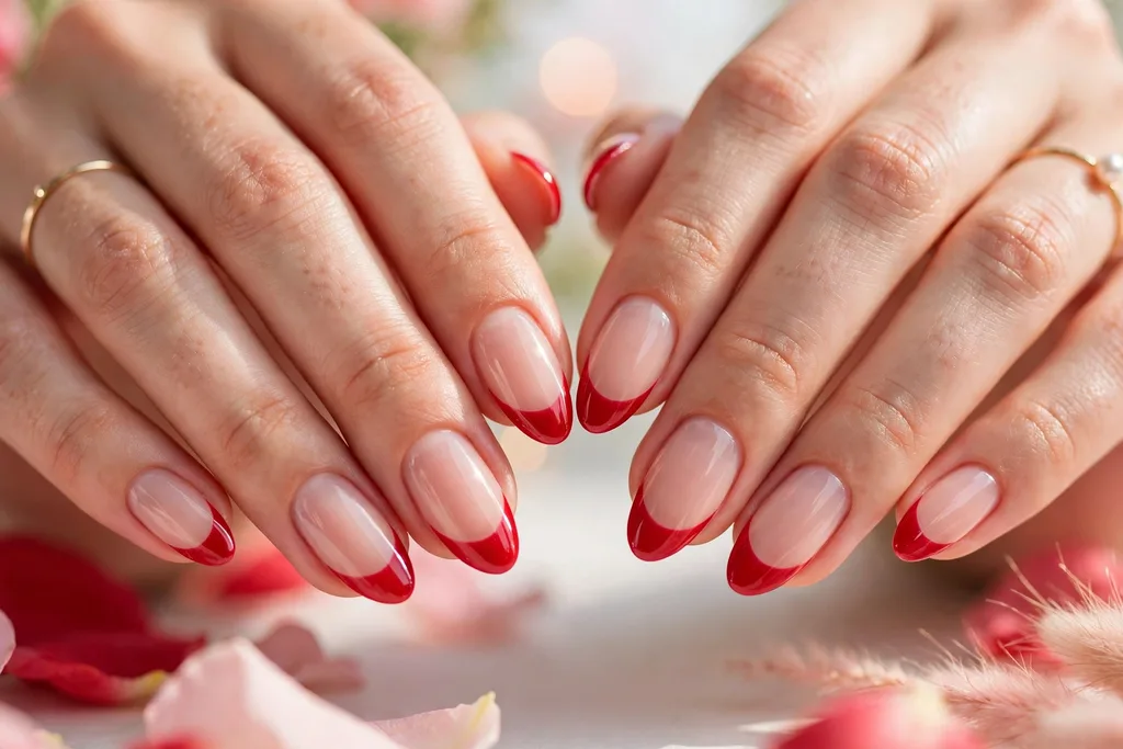 Valentine date night French tip nails with bright cherry red glossy tips on a sheer nude base, shown on medium almond nails.