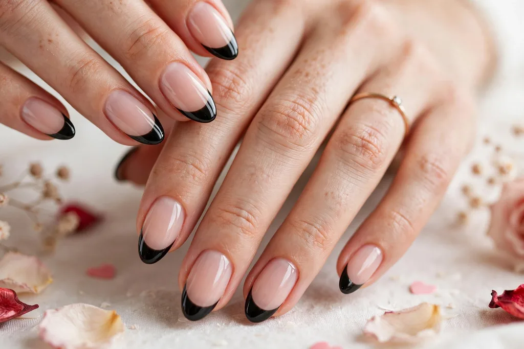 Valentine date night French tip nails with glossy black tips on a sheer nude base, shown on medium almond nails.