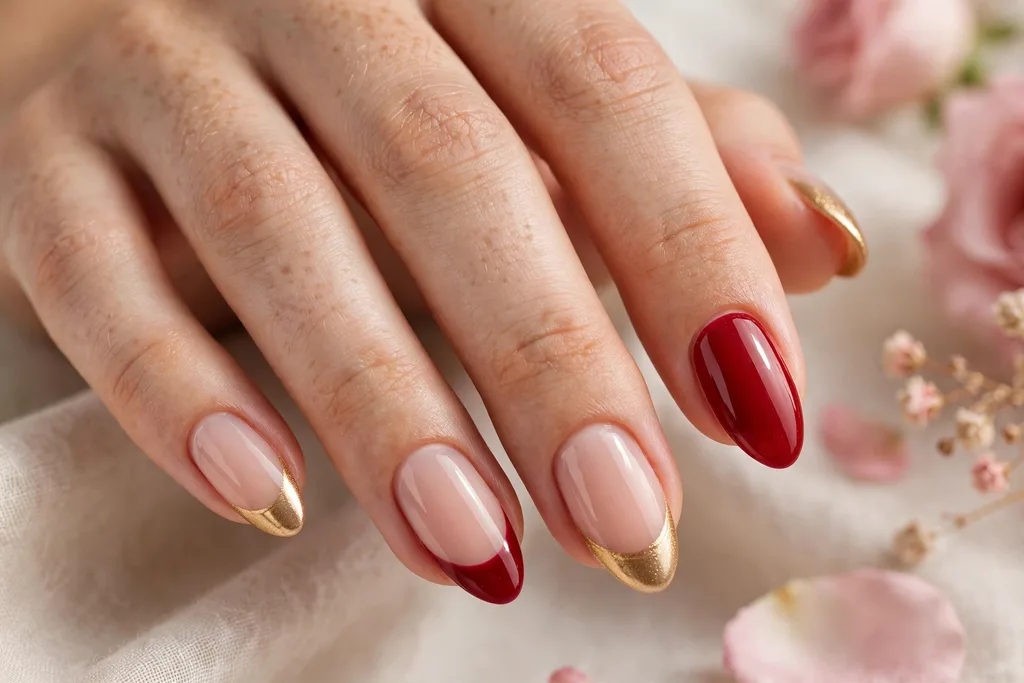 Valentine date night French tip nails alternating crimson red and metallic gold tips on a sheer nude base, shown on medium almond nails.
