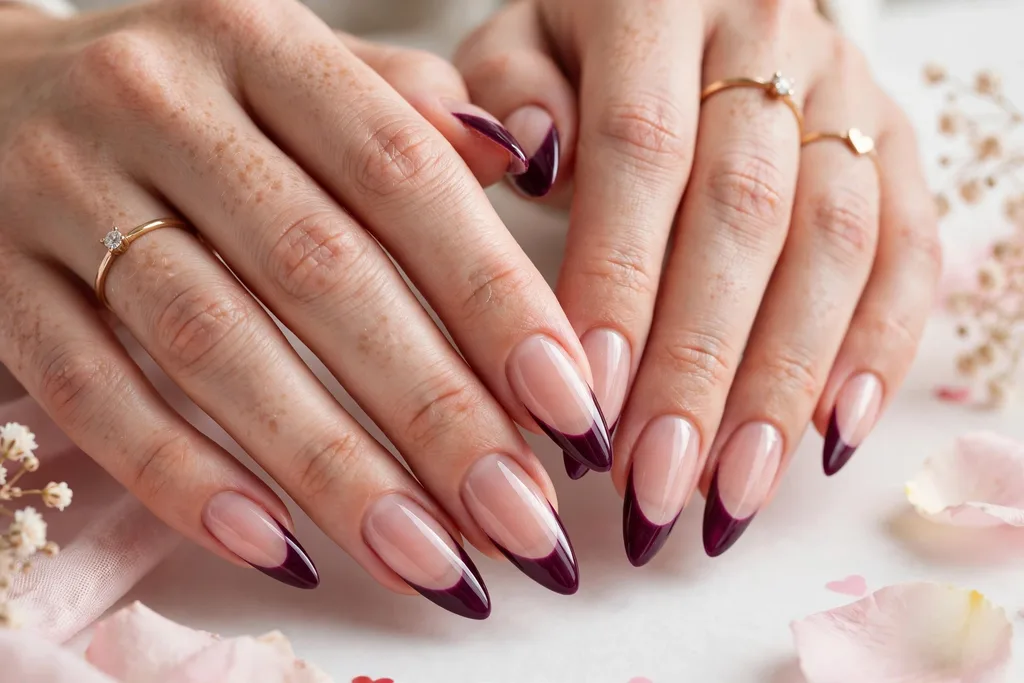 Valentine date night French tip nails with deep plum glossy tips on a sheer nude base, shown on long almond nails.