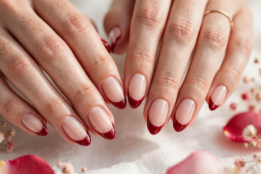 Valentine date night French tip nails with deep red glossy tips on a sheer nude base, shown on medium almond nails.