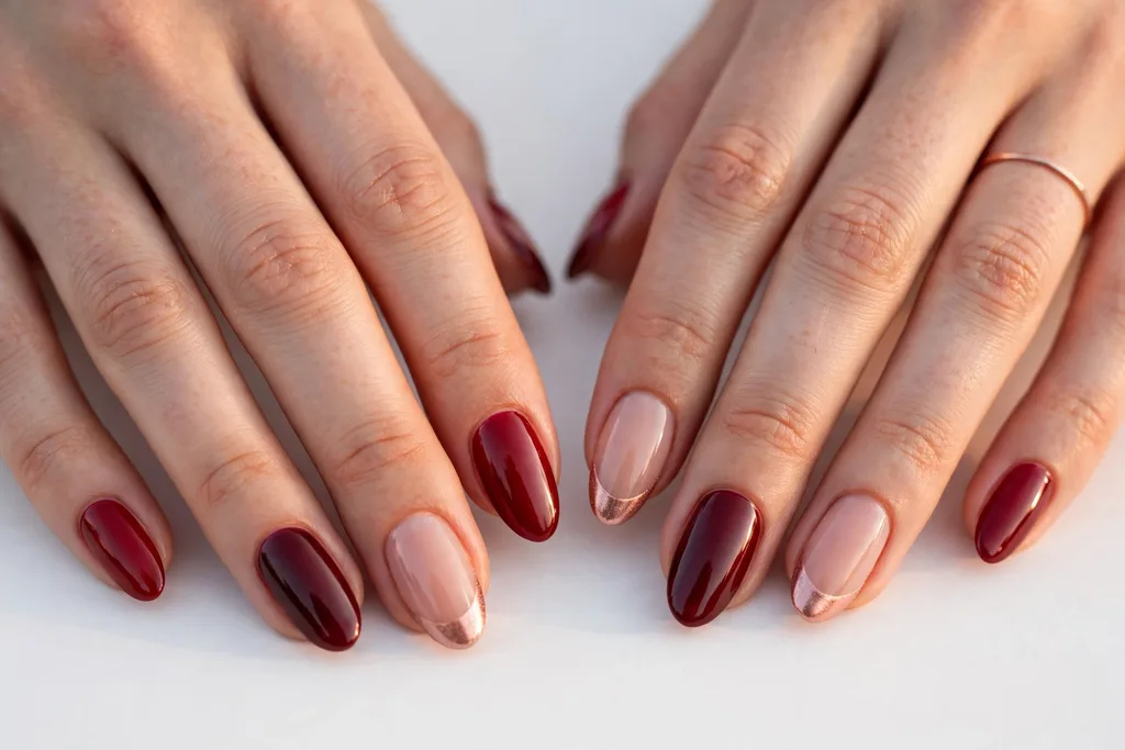Valentine date night French tip nails with deep red, burgundy, and rose gold tips and glossy romantic finishes on a sheer nude base, shown on a woman's hands against a white background in soft evening light.