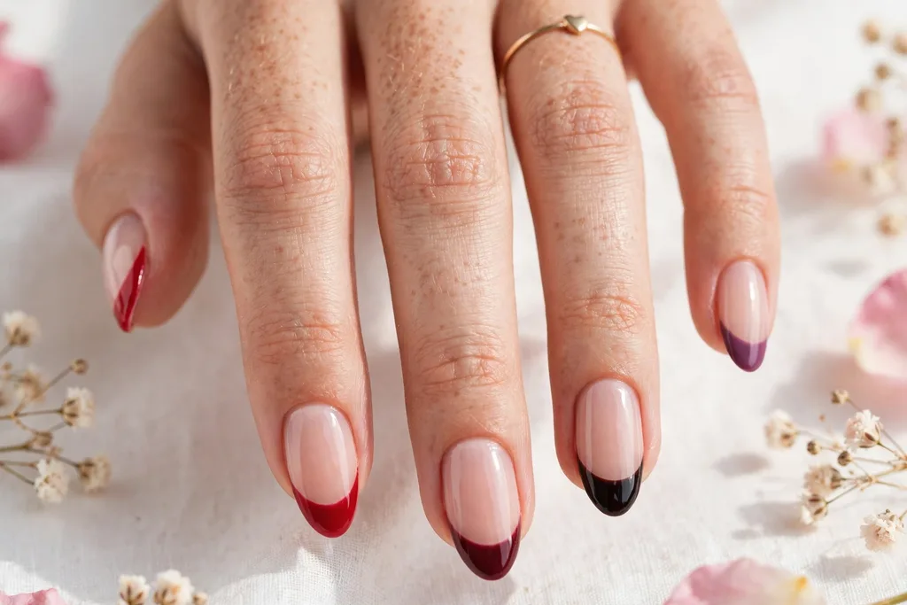 Valentine date night French tip nails with a different red tip color on each nail, including cherry, deep red, burgundy, black cherry, and plum, on a sheer nude base, shown on medium almond nails.