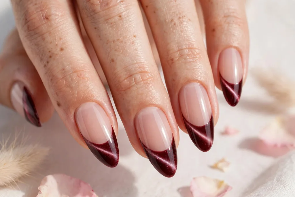 Valentine date night French tip nails with deep garnet red cat-eye magnetic tips with a soft velvet light band on a sheer nude base, shown on long almond nails.