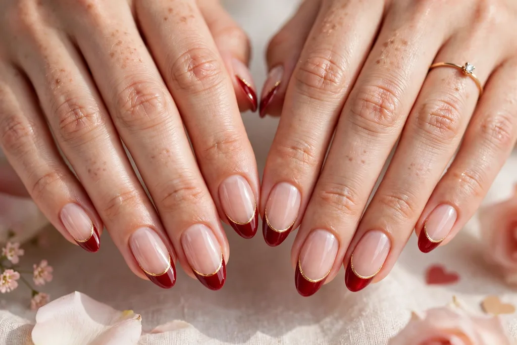 Valentine date night French tip nails with deep red tips edged with a thin metallic gold line along the smile line on a sheer nude base, shown on medium almond nails.