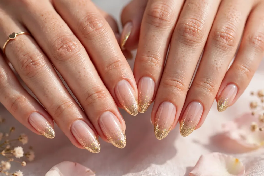 Valentine date night French tip nails with gold glitter tips fading into a sheer nude base, shown on medium almond nails.