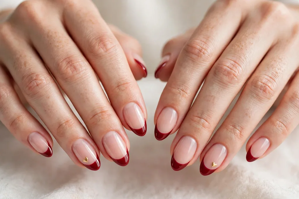Valentine date night French tip nails with deep red tips and one tiny gold heart painted on each ring finger accent nail, shown on medium almond nails with a sheer nude base.