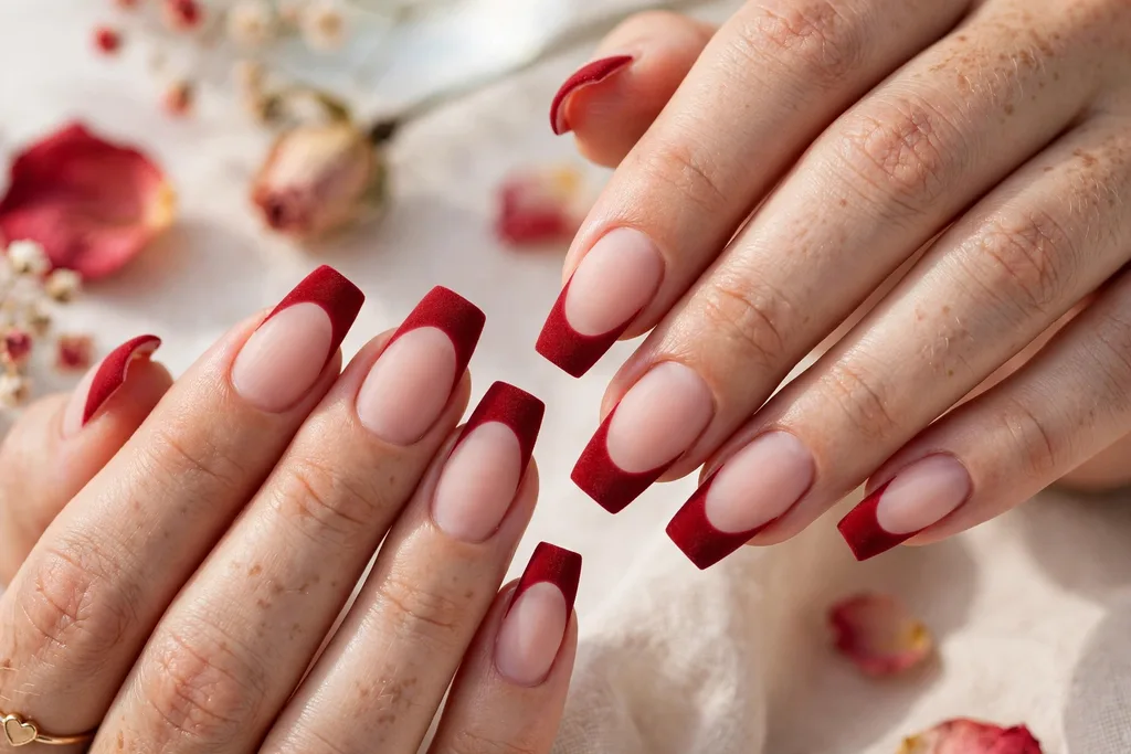 Valentine date night French tip nails with matte velvet red tips on a soft sheer nude base, shown on medium coffin nails.
