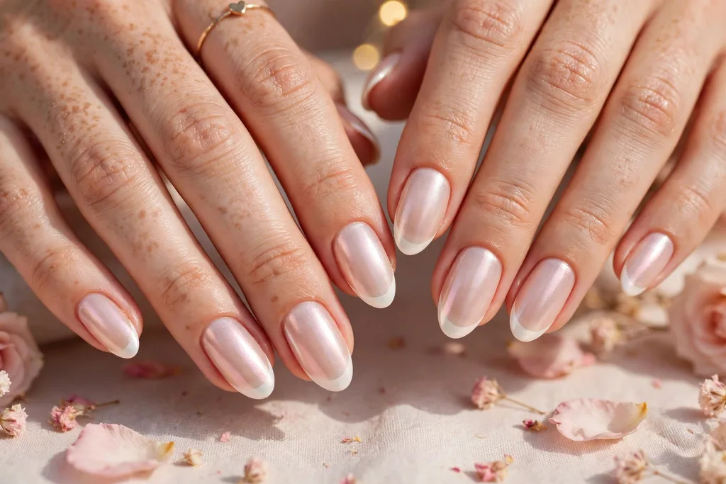 Valentine date night French tip nails with soft white tips under a pearlescent sheen on a sheer nude base, shown on medium almond nails.