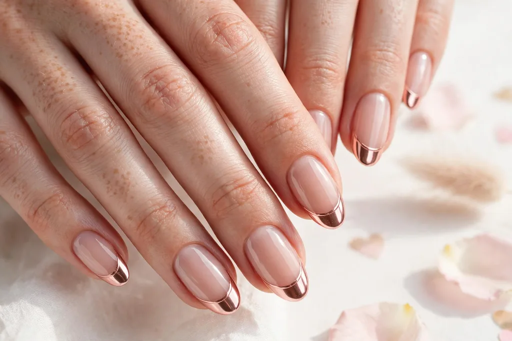 Valentine date night French tip nails with rose gold chrome mirror tips on a sheer nude base, shown on medium almond nails.