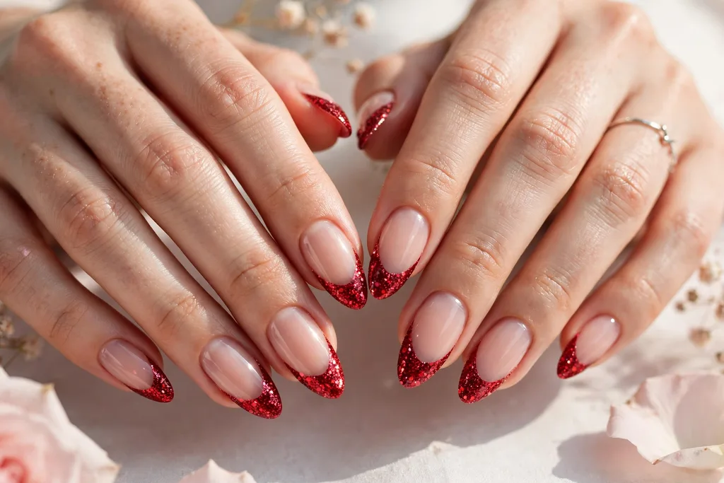 Valentine date night French tip nails with dense ruby red glitter tips on a sheer nude base, shown on long almond nails.