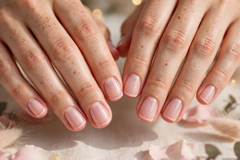Valentine date night French tip nails with an ultra-thin blush pink micro line along the tip edge on a clear sheer base, shown on short squoval nails.