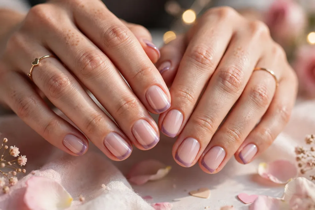 Valentine date night French tip nails with soft mauve tips on a milky nude base, shown on short squoval nails.