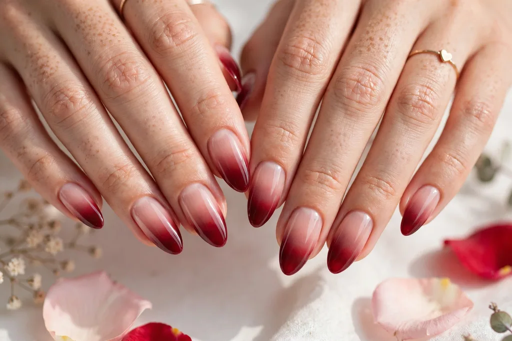 Valentine date night French tip nails with a wine red ombre fade from deep burgundy tips into a sheer nude base, shown on medium almond nails.
