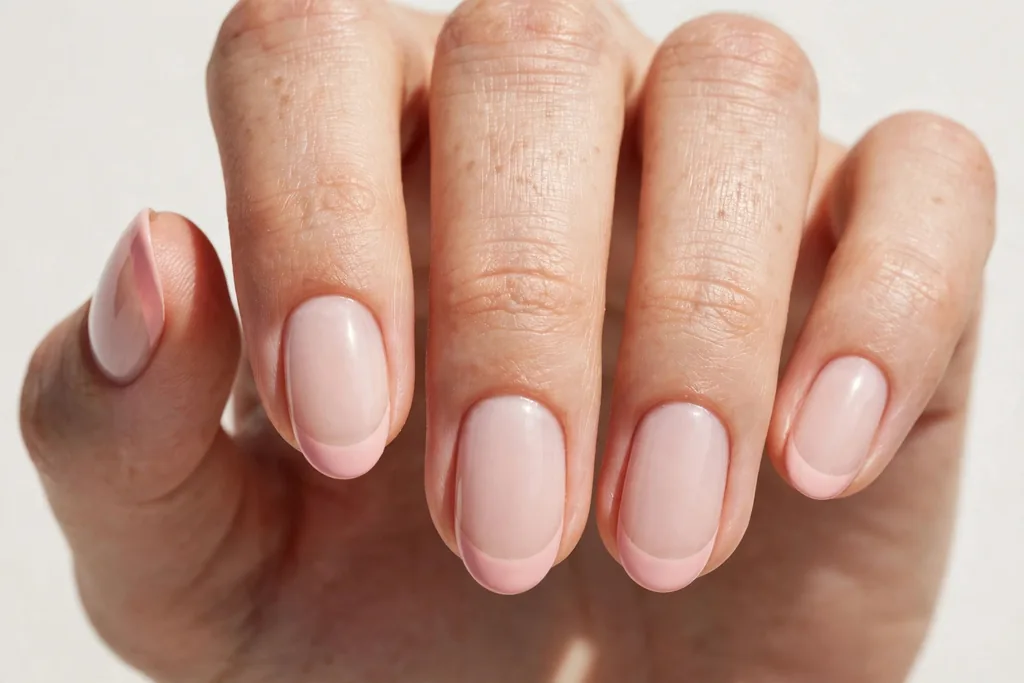 Valentine's Day French tip nails with blush pink tips on a milky nude base, shown on medium oval nails.