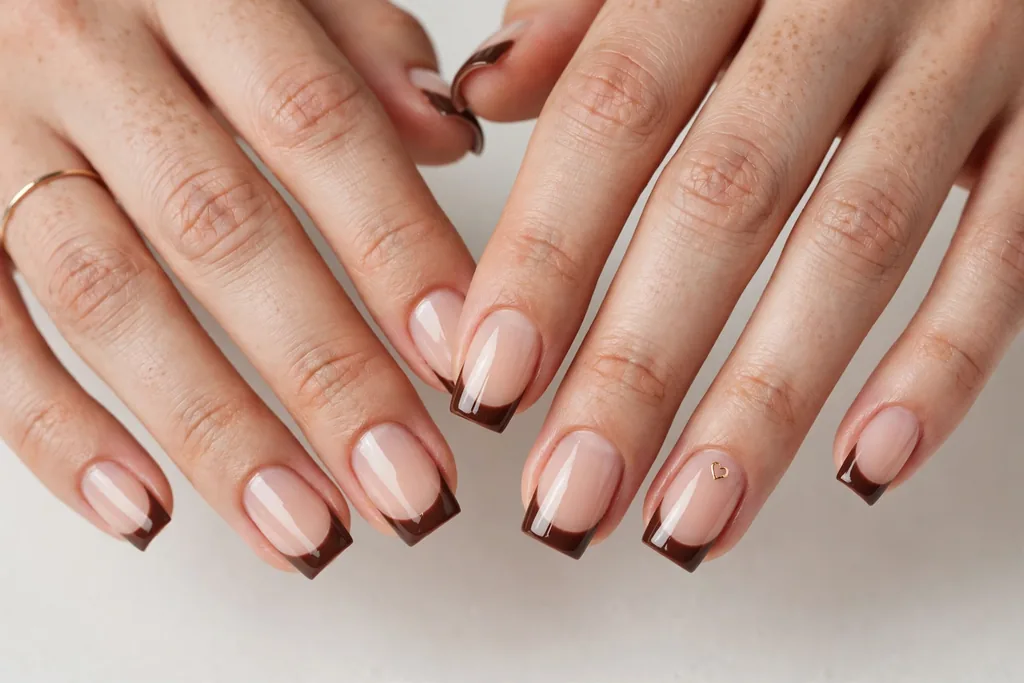 Valentine's Day French tip nails with chocolate brown glossy tips on a sheer nude base, shown on medium square nails.