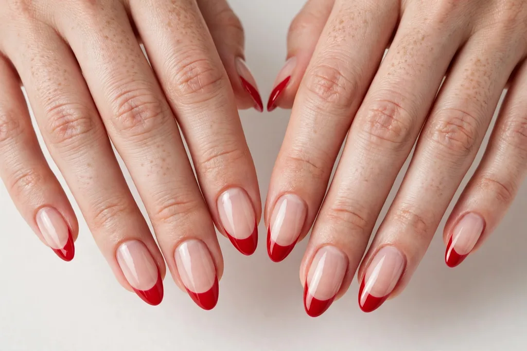 Valentine's Day French tip nails with classic red glossy tips on a sheer nude base, shown on medium almond nails.