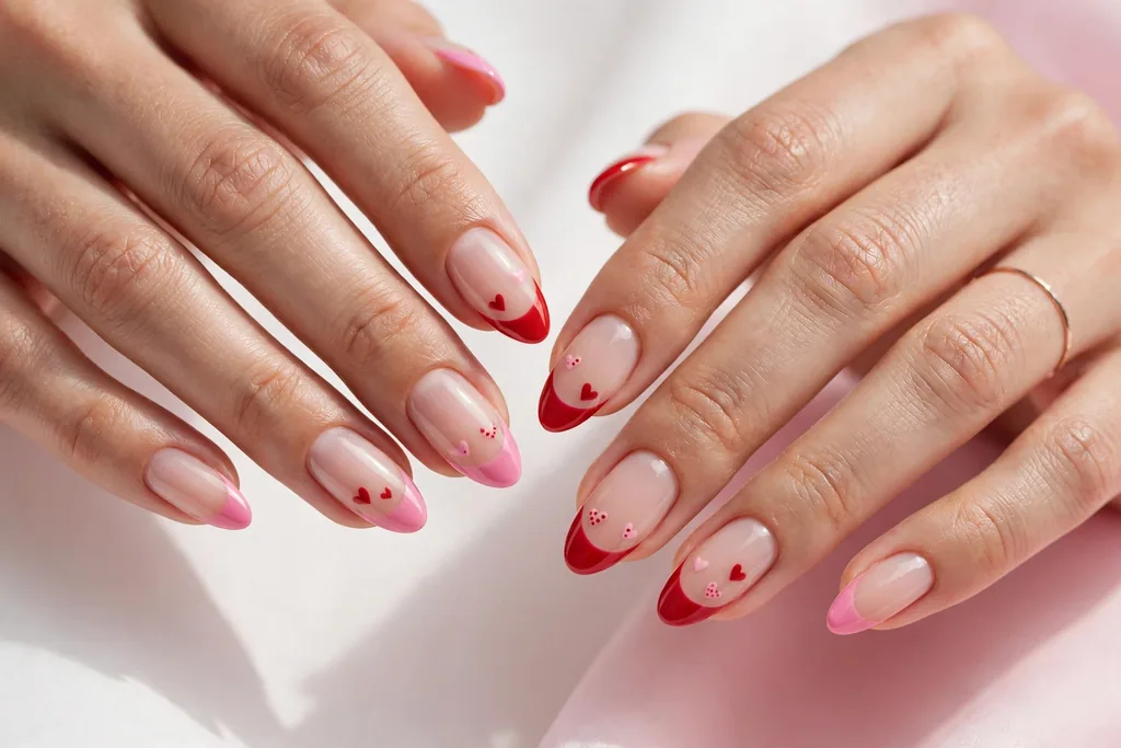 Valentine's Day French tip nails with red and pink tips and tiny heart art on a sheer nude base, shown on a woman's hands against a white and soft pink background.