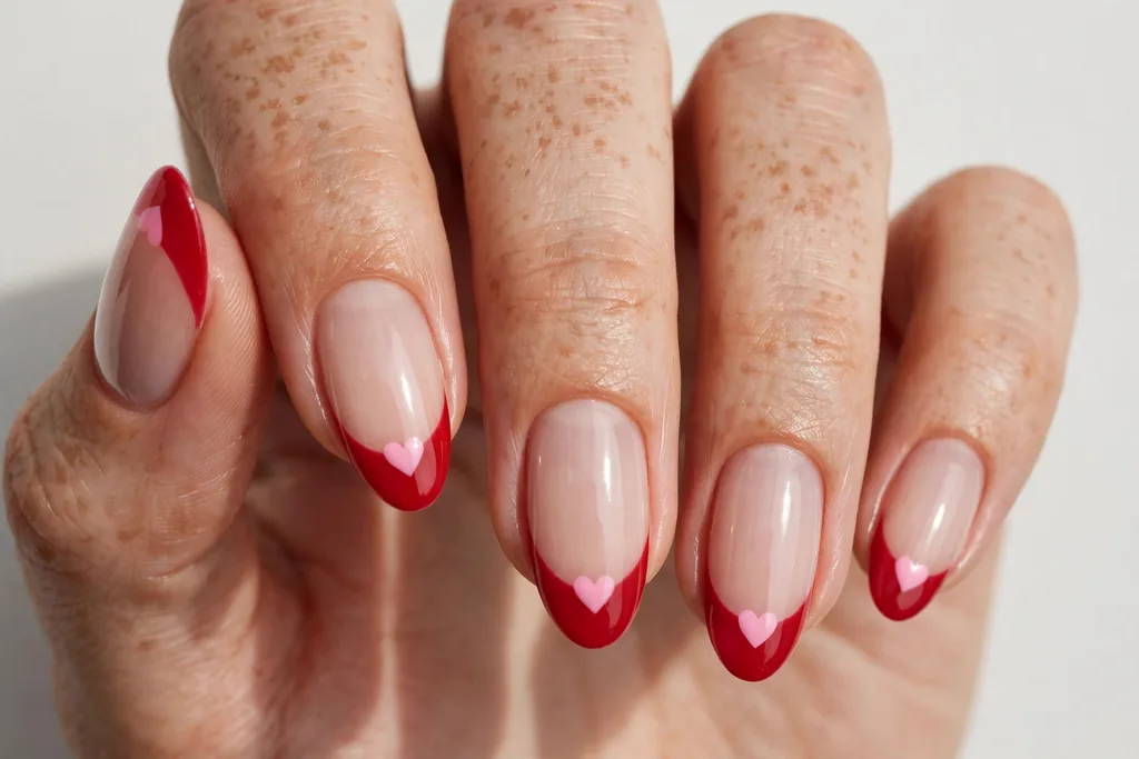 Valentine's Day French tip nails with red tips and a small pink heart at the center of each tip on a sheer nude base, shown on medium almond nails.