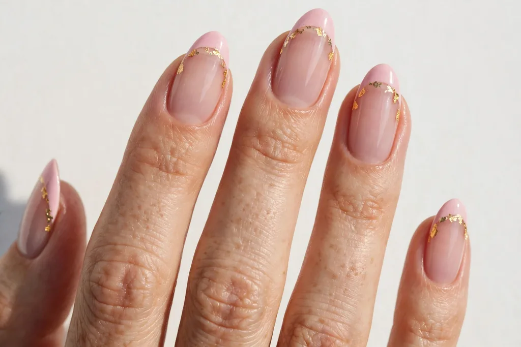 Valentine's Day French tip nails with soft pink tips and gold foil flakes along the smile line on a sheer blush base, shown on medium almond nails.