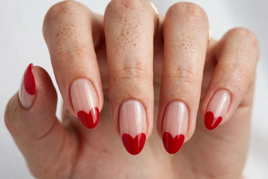 Valentine's Day French tip nails with red tips painted in a heart silhouette shape on a sheer nude base, shown on medium almond nails.