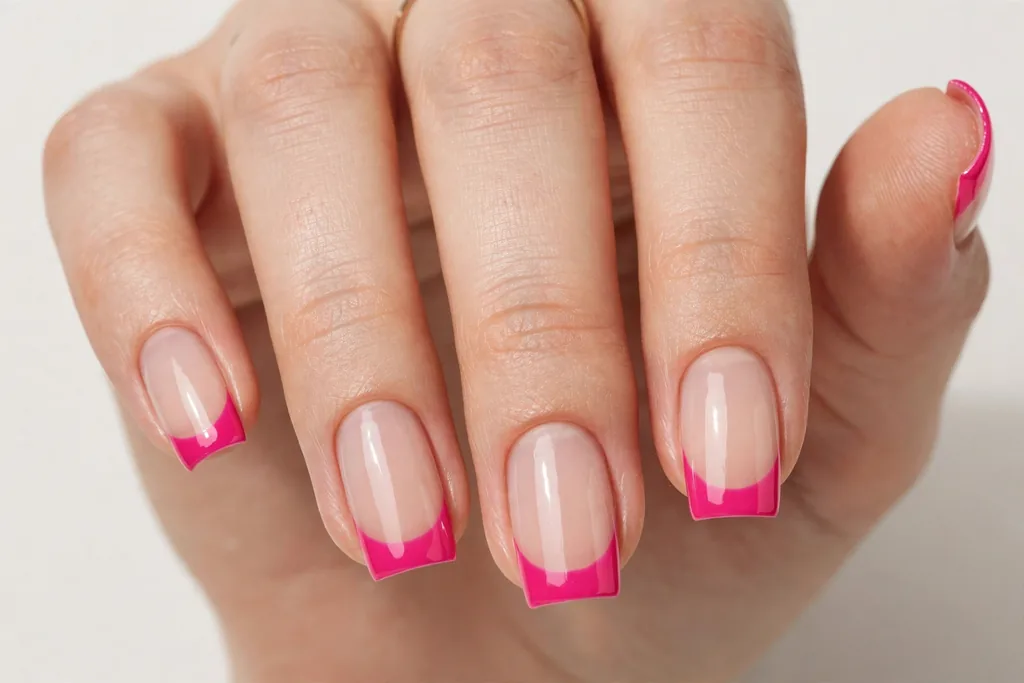 Valentine's Day French tip nails with hot pink glossy tips on a sheer nude base, shown on medium square nails.