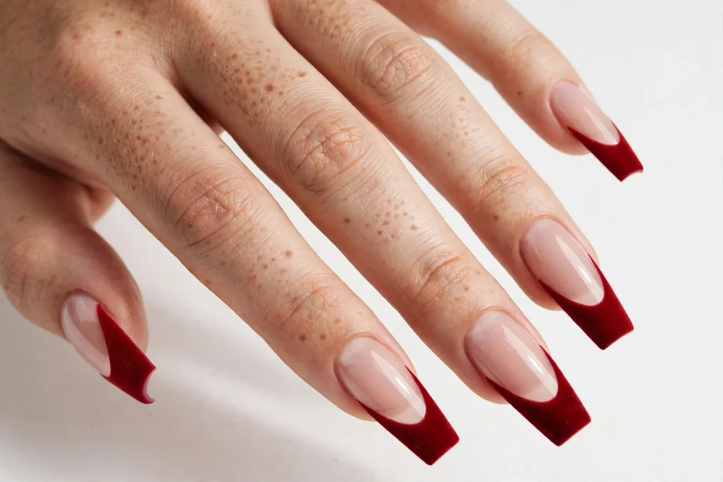 Valentine's Day French tip nails with matte red velvet tips on a sheer nude base, shown on long coffin nails.