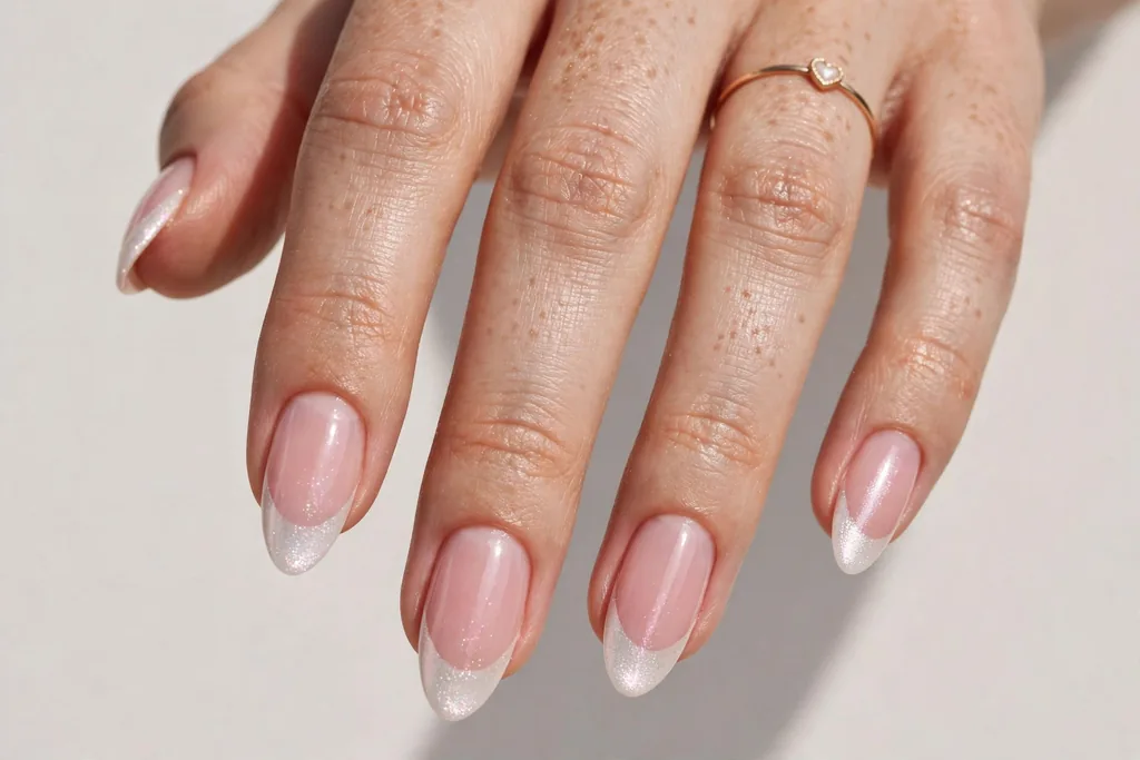 Valentine's Day French tip nails with pearl white shimmer tips on a sheer pink base, shown on medium almond nails.