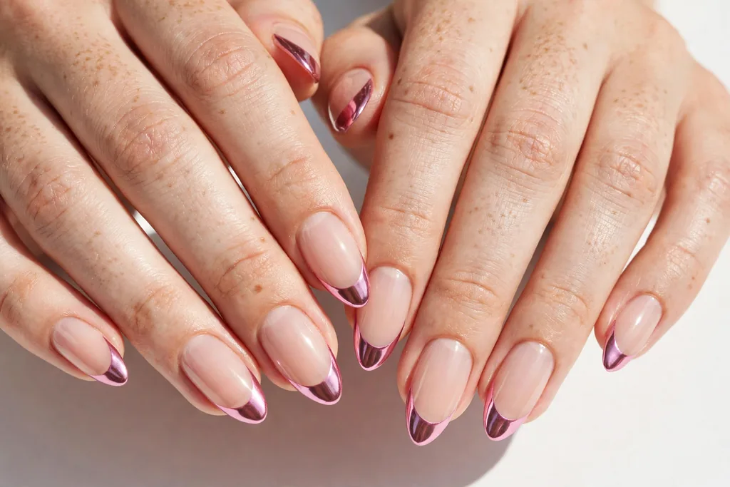 Valentine's Day French tip nails with pink chrome mirror tips on a sheer nude base, shown on medium almond nails.