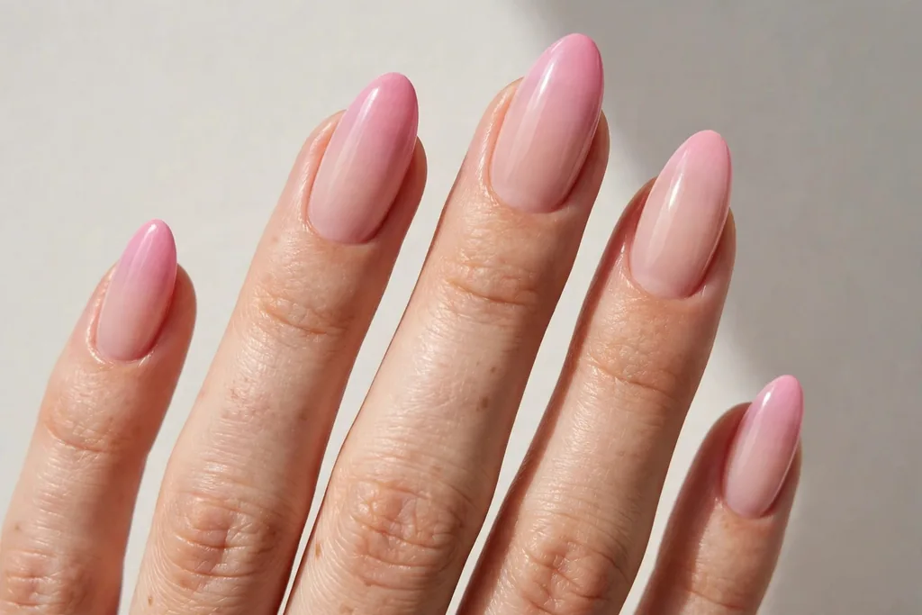 Valentine's Day French tip nails with a pink ombre gradient fading from the tips into a sheer nude base, shown on medium almond nails.