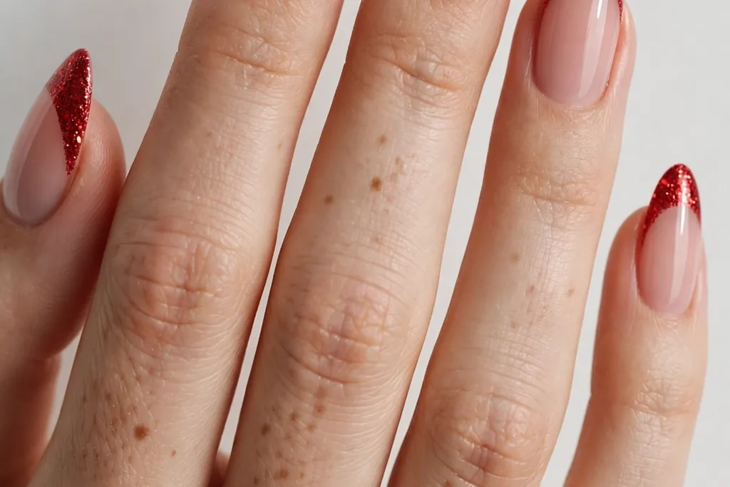 Valentine's Day French tip nails with sparkling red glitter tips on a sheer nude base, shown on medium almond nails.
