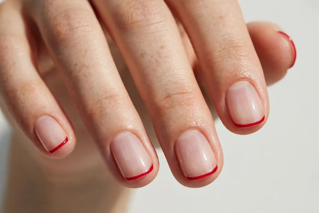Valentine's Day French tip nails with ultra-thin red micro tips on a clear sheer base, shown on short squoval nails.