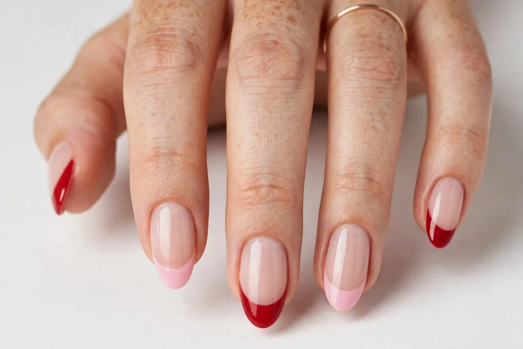 Valentine's Day French tip nails alternating classic red and soft pink tips on a sheer nude base, shown on medium almond nails.