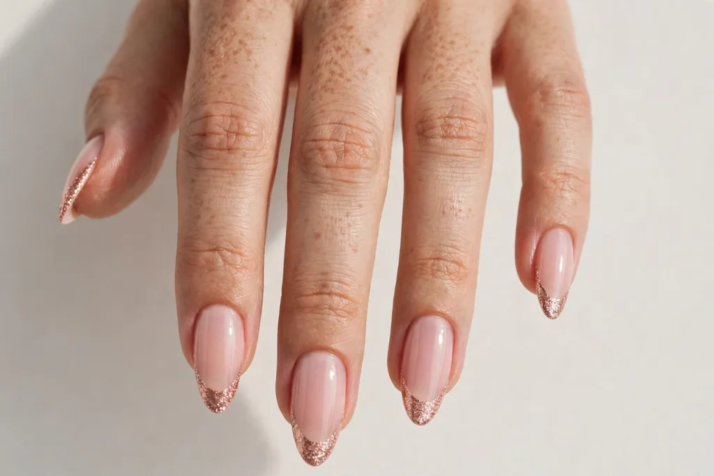 Valentine's Day French tip nails with rose gold glitter tips on a sheer blush base, shown on long almond nails.