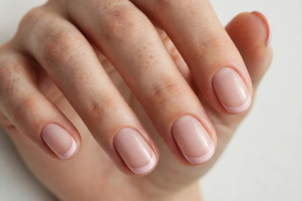 Valentine's Day French tip nails with soft pale pink tips on a sheer nude base, shown on short oval nails.