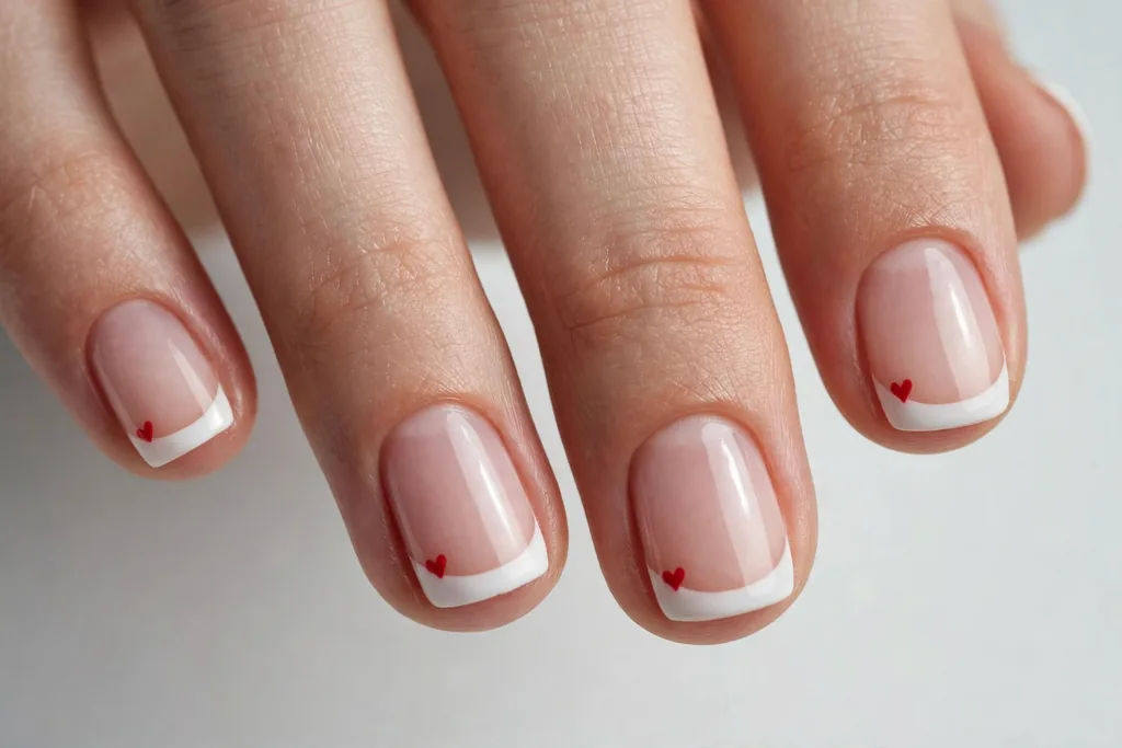 Valentine's Day French tip nails with white tips and tiny red hearts above the smile line on a sheer pink base, shown on short squoval nails.