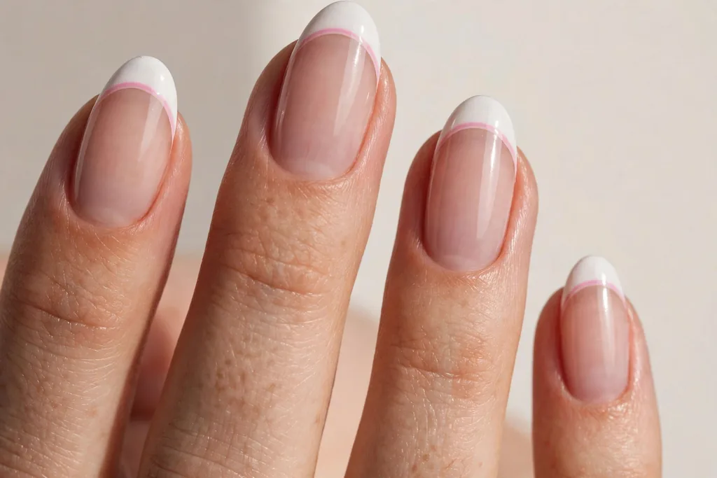 Valentine's Day French tip nails with white tips and a thin pink line beneath the smile line on a sheer nude base, shown on medium almond nails.