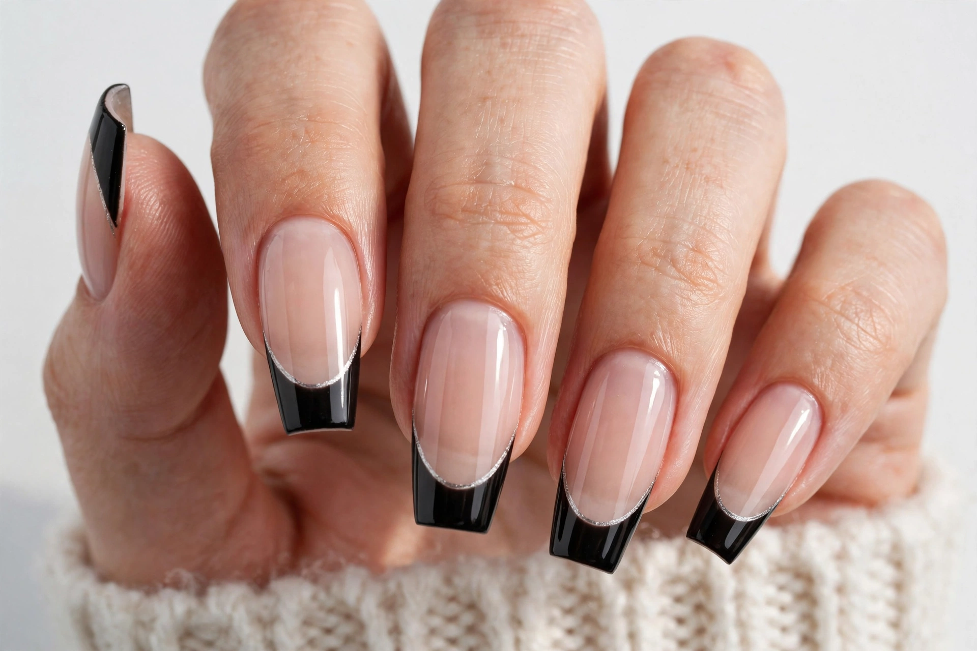 Winter French tip nails with black tips and thin silver line accents on a sheer nude base, shown on medium coffin nails.