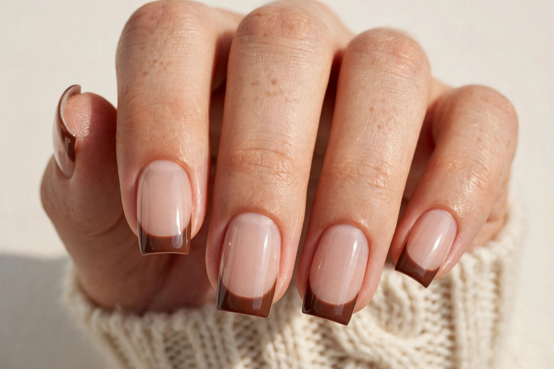 Winter French tip nails with warm chocolate brown glossy tips on a sheer nude base, shown on medium square nails.