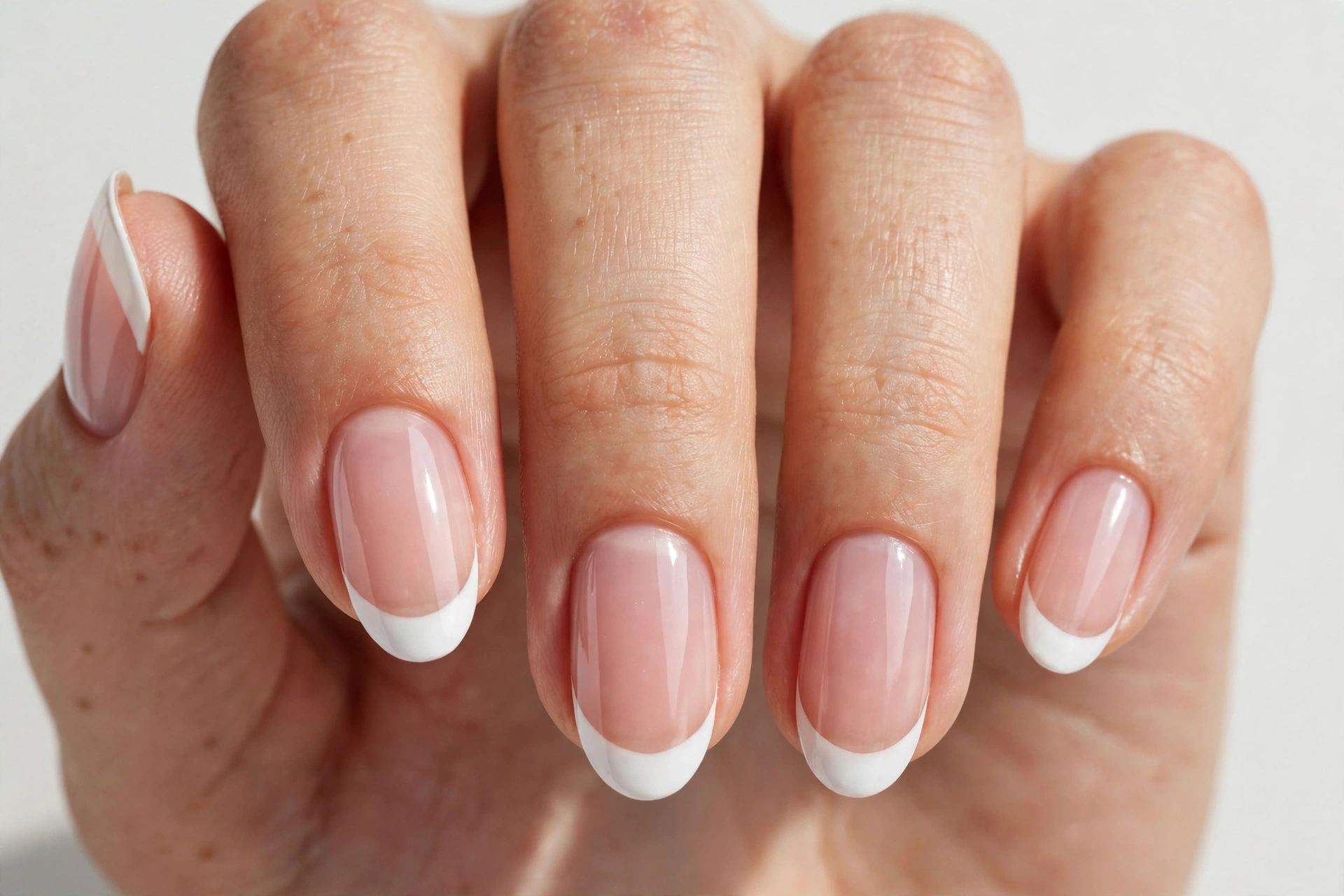 Classic white winter French tip nails with crisp white tips on a sheer pink base, shown on medium almond nails.