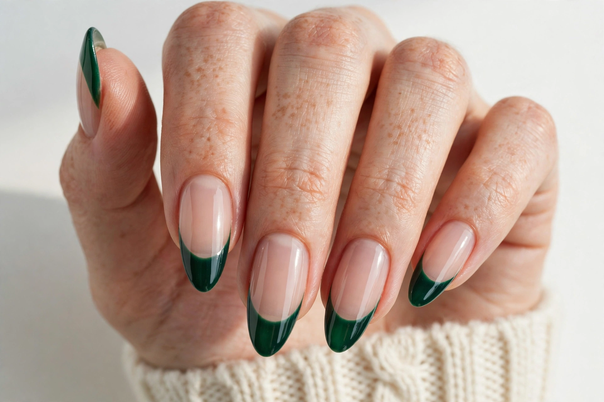 Winter French tip nails with rich emerald green glossy tips on a sheer nude base, shown on long almond nails.