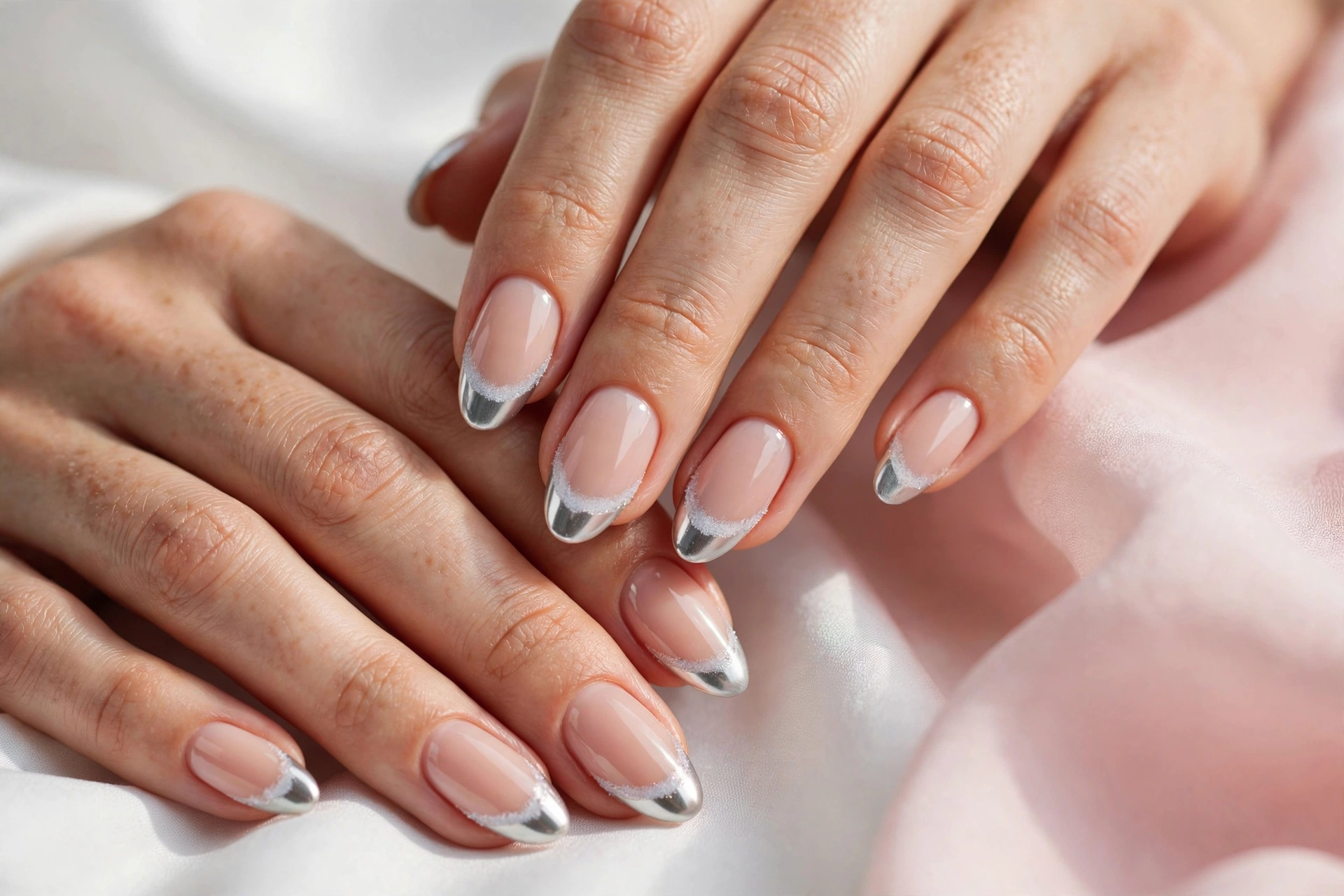 Winter French tip nails with icy white and silver chrome tips on a nude base, shown on a woman's hands against a white and soft pink background.