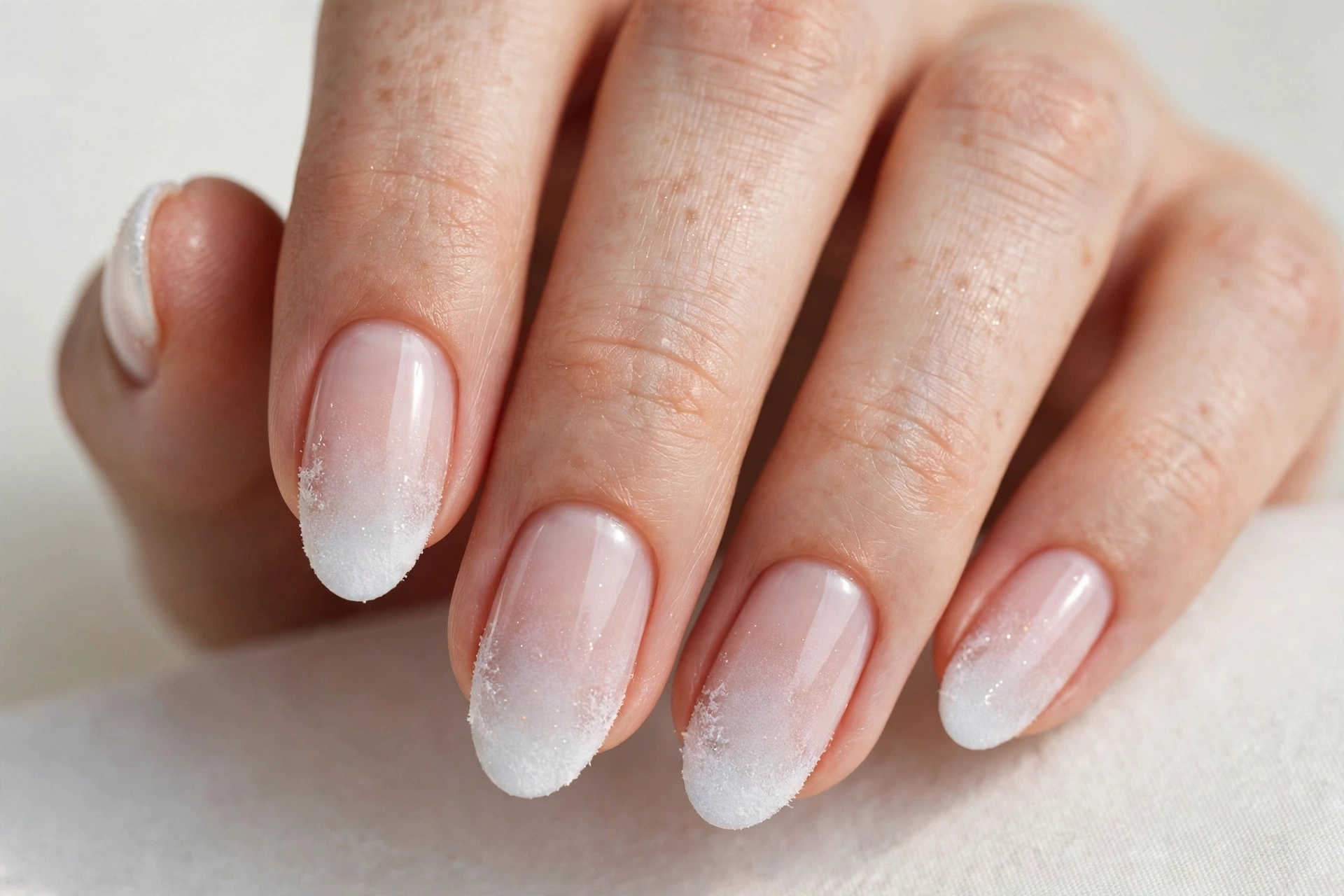 Winter French tip nails with a frosted white ombre fade from tip to sheer base, shown on medium almond nails.